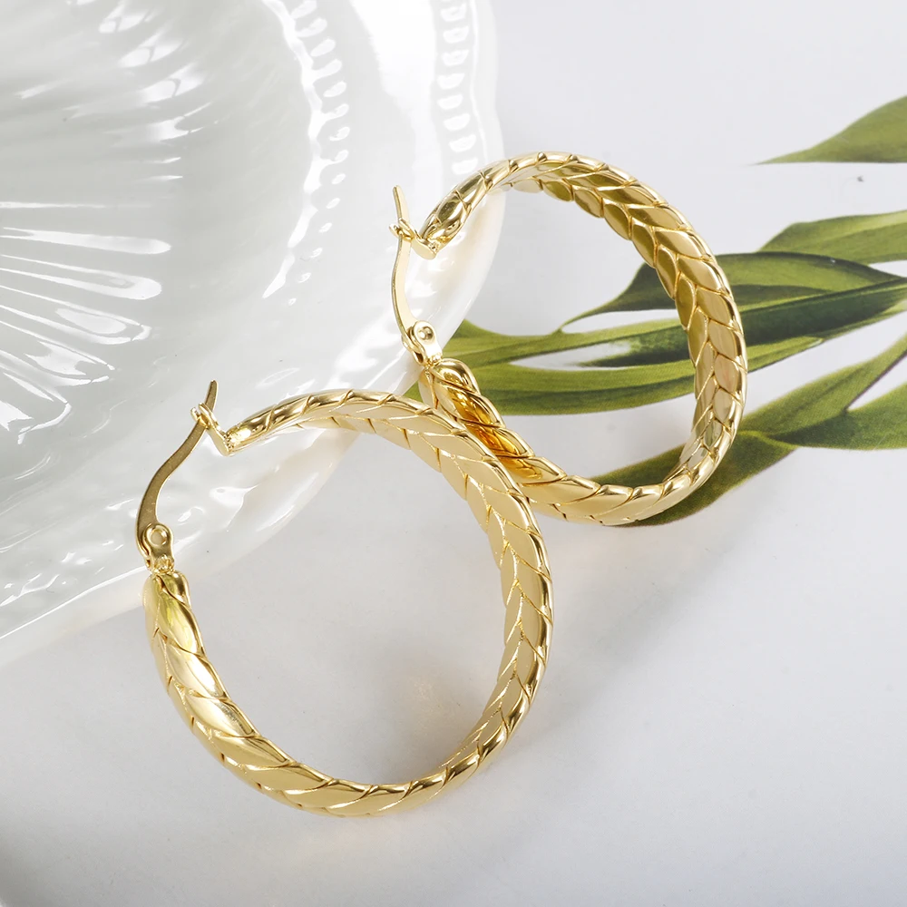 Hot Sale Wheat Ears Shape Twisted Hoop Earrings For Women Girl Vintage Stainless Steel Textured Earring Gold Color Jewelry