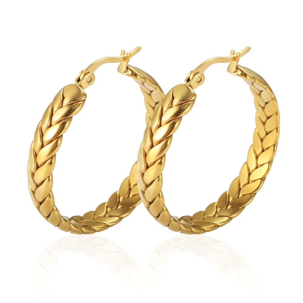 Hot Sale Wheat Ears Shape Twisted Hoop Earrings For Women Girl Vintage Stainless Steel Textured Earring Gold Color Jewelry