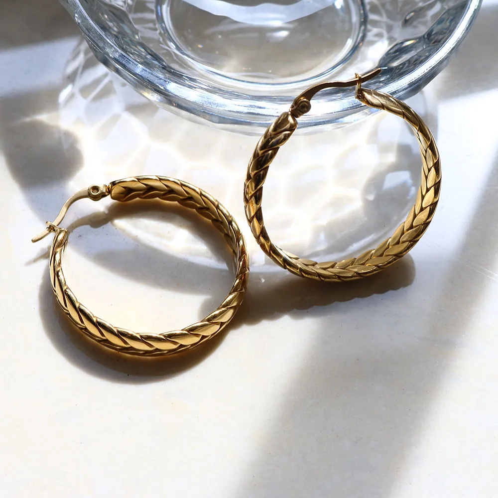 Hot Sale Wheat Ears Shape Twisted Hoop Earrings For Women Girl Vintage Stainless Steel Textured Earring Gold Color Jewelry