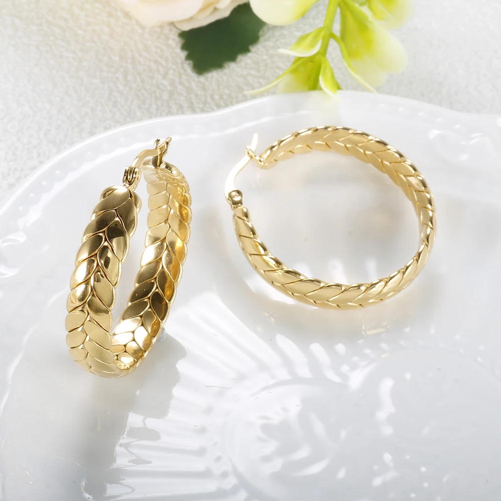 Hot Sale Wheat Ears Shape Twisted Hoop Earrings For Women Girl Vintage Stainless Steel Textured Earring Gold Color Jewelry