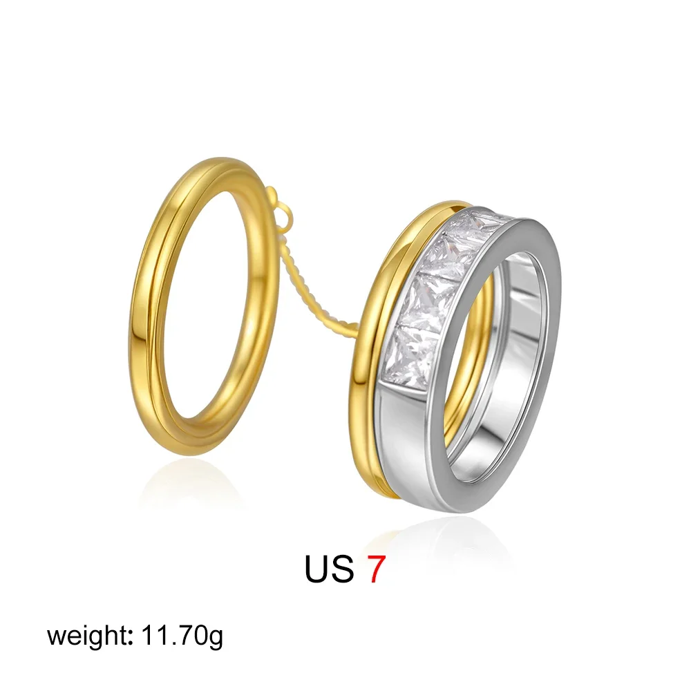 Fashion CZ Zircon Stainless Steel Double Layer Chain Ring for Women Gold Plated Tassel Link Ring Hip Hop Jewelry Waterproof