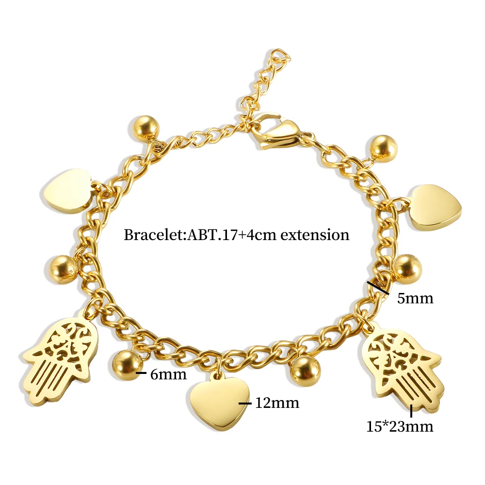 Trendy Stainless Steel Palm Heart Bracelet For Women Girl Gold Color Cuban Link Chain Round Ball Bracelets 18 K Plated Jewelry