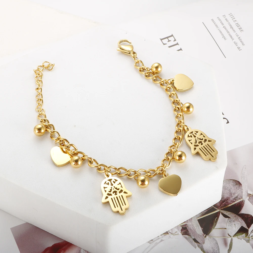 Trendy Stainless Steel Palm Heart Bracelet For Women Girl Gold Color Cuban Link Chain Round Ball Bracelets 18 K Plated Jewelry