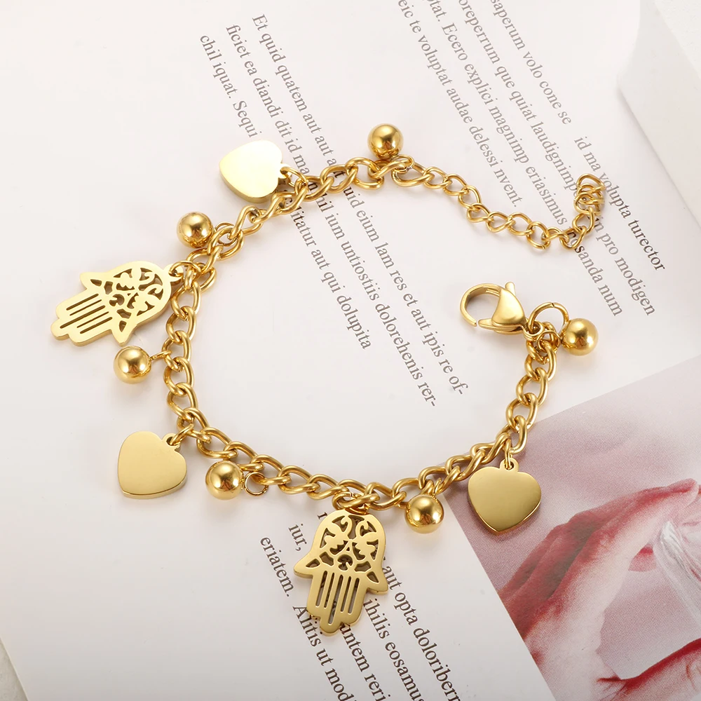 Trendy Stainless Steel Palm Heart Bracelet For Women Girl Gold Color Cuban Link Chain Round Ball Bracelets 18 K Plated Jewelry