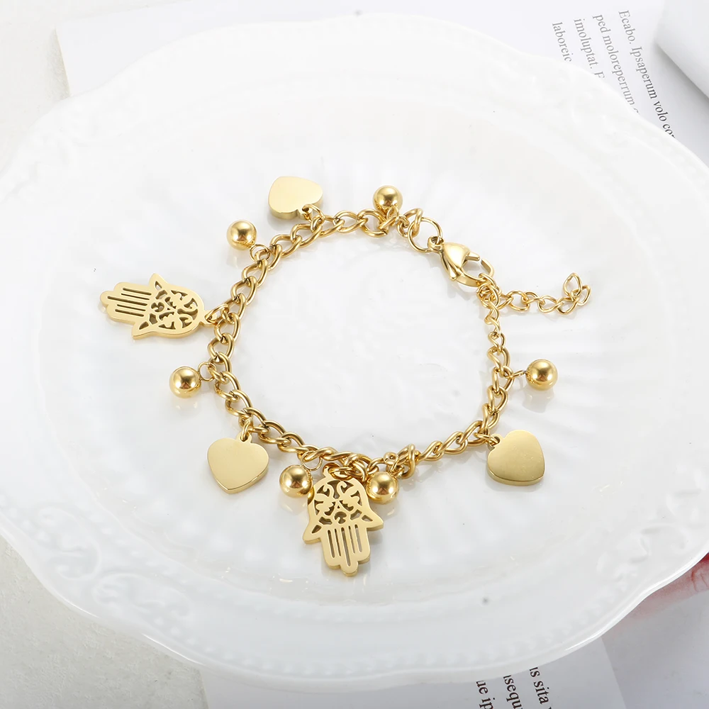 Trendy Stainless Steel Palm Heart Bracelet For Women Girl Gold Color Cuban Link Chain Round Ball Bracelets 18 K Plated Jewelry