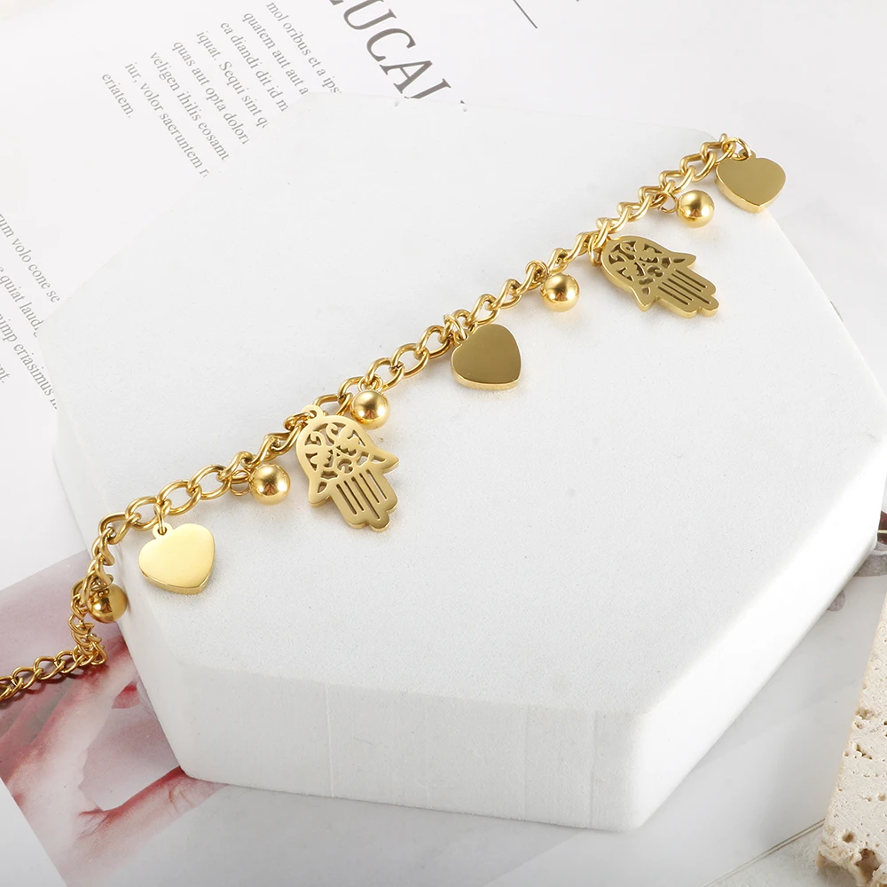 Trendy Stainless Steel Palm Heart Bracelet For Women Girl Gold Color Cuban Link Chain Round Ball Bracelets 18 K Plated Jewelry