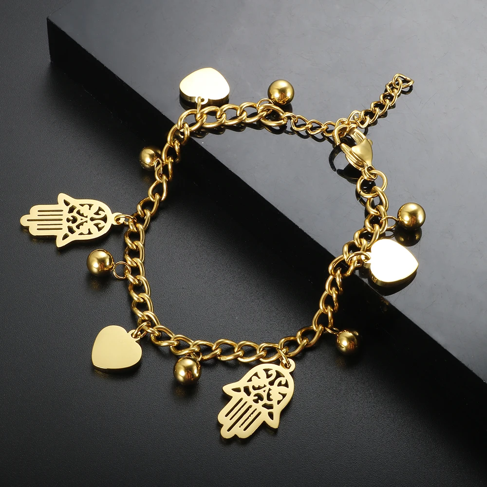 Trendy Stainless Steel Palm Heart Bracelet For Women Girl Gold Color Cuban Link Chain Round Ball Bracelets 18 K Plated Jewelry