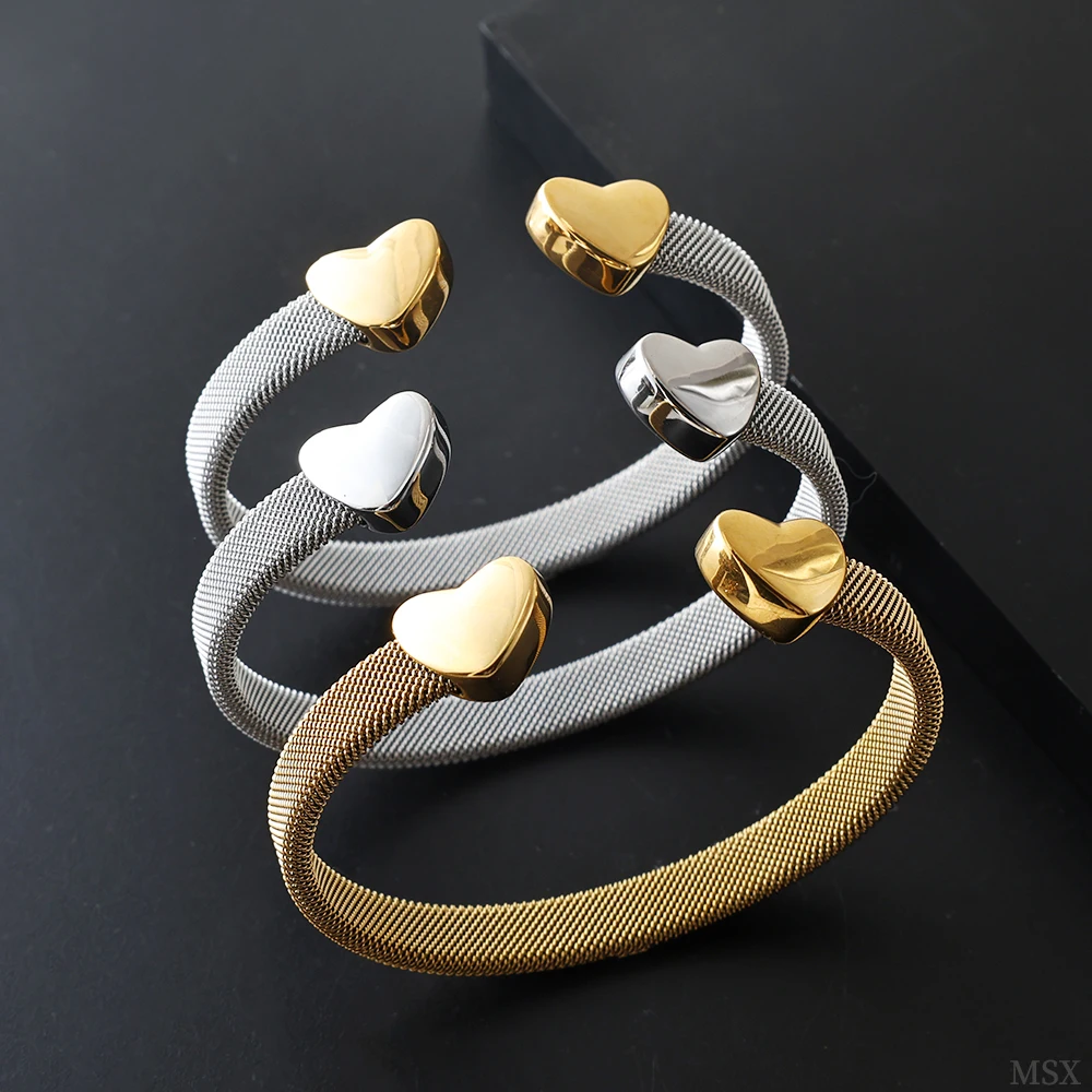 JOVO LOVE Fashion Heart Bracelets Open Elastic Mesh Bangle for Women Gold Color Lover's Stainless Steel Waterproof Jewelry 2025