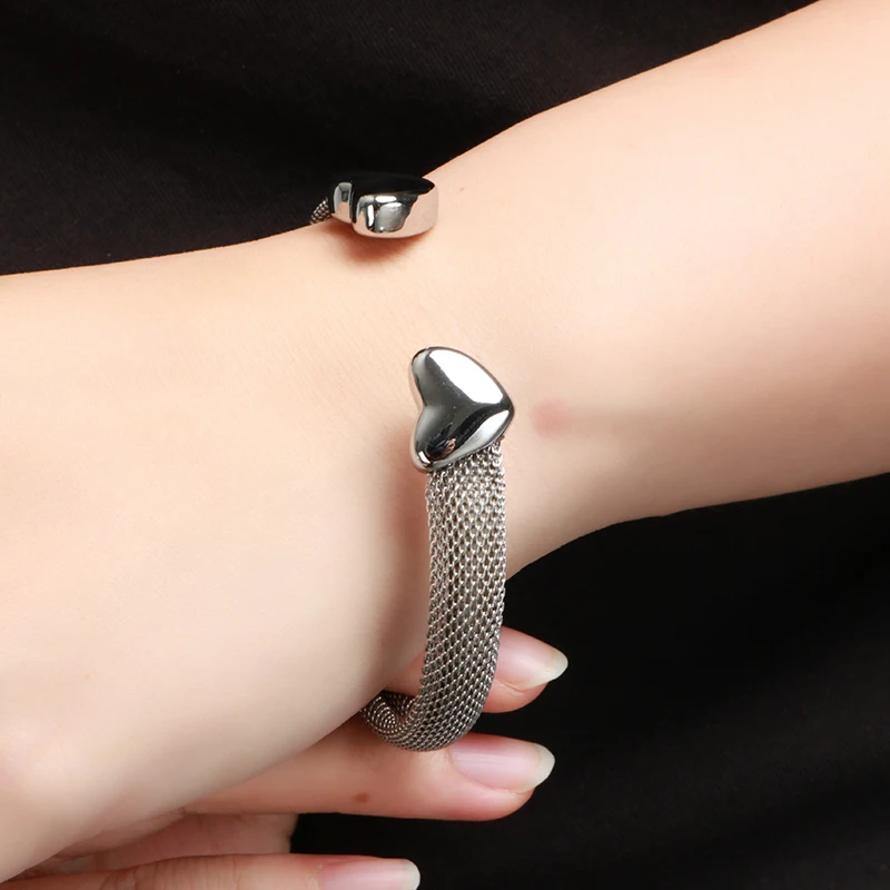 JOVO LOVE Fashion Heart Bracelets Open Elastic Mesh Bangle for Women Gold Color Lover's Stainless Steel Waterproof Jewelry 2025