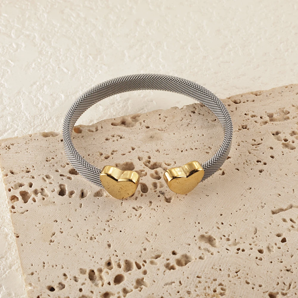 JOVO LOVE Fashion Heart Bracelets Open Elastic Mesh Bangle for Women Gold Color Lover's Stainless Steel Waterproof Jewelry 2025
