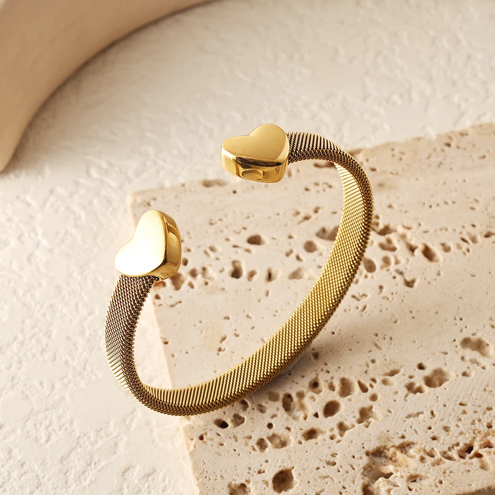 JOVO LOVE Fashion Heart Bracelets Open Elastic Mesh Bangle for Women Gold Color Lover's Stainless Steel Waterproof Jewelry 2025