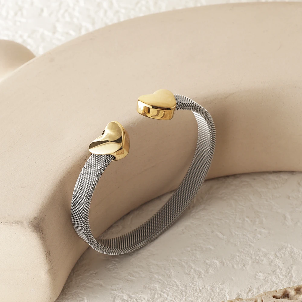 JOVO LOVE Fashion Heart Bracelets Open Elastic Mesh Bangle for Women Gold Color Lover's Stainless Steel Waterproof Jewelry 2025