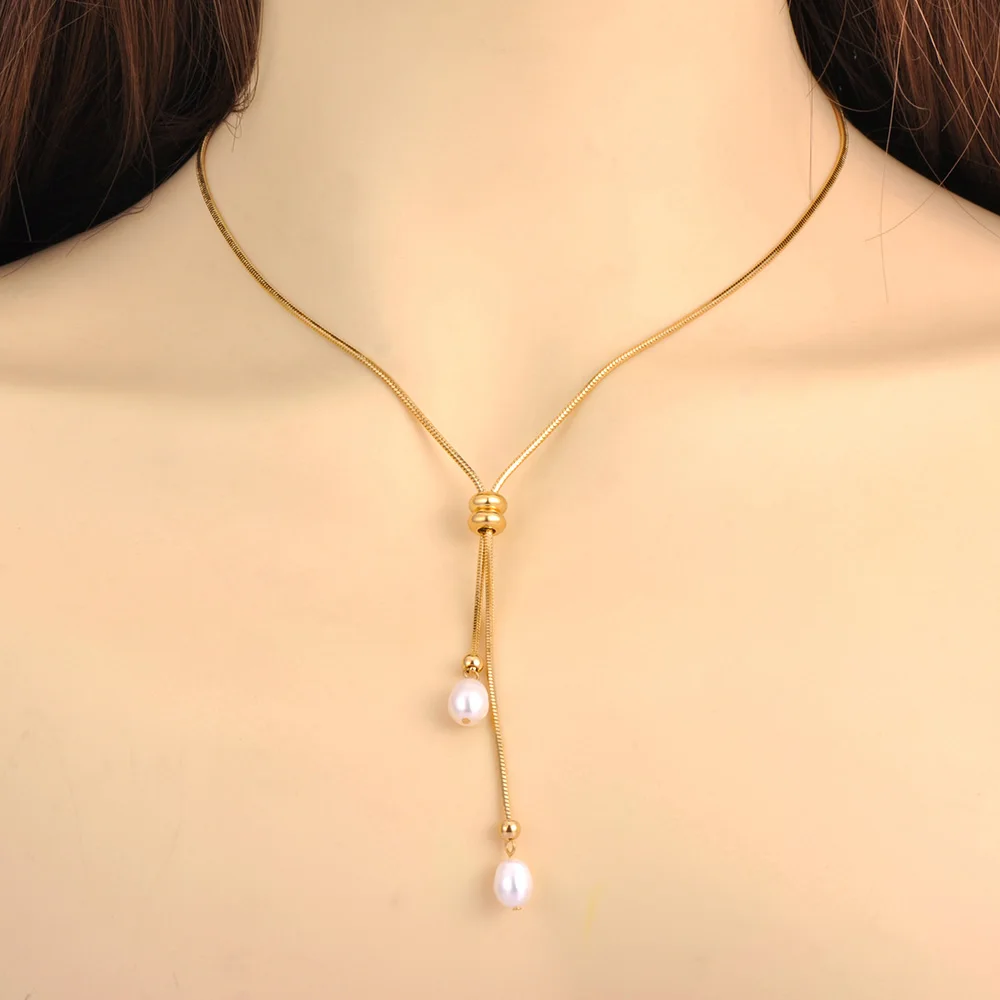 JeeMango Natural Freshwater Pearl Pendant Necklace for Women Exquisite Stainless Steel Sweet Jewelry Mother Sister Gift JN24060