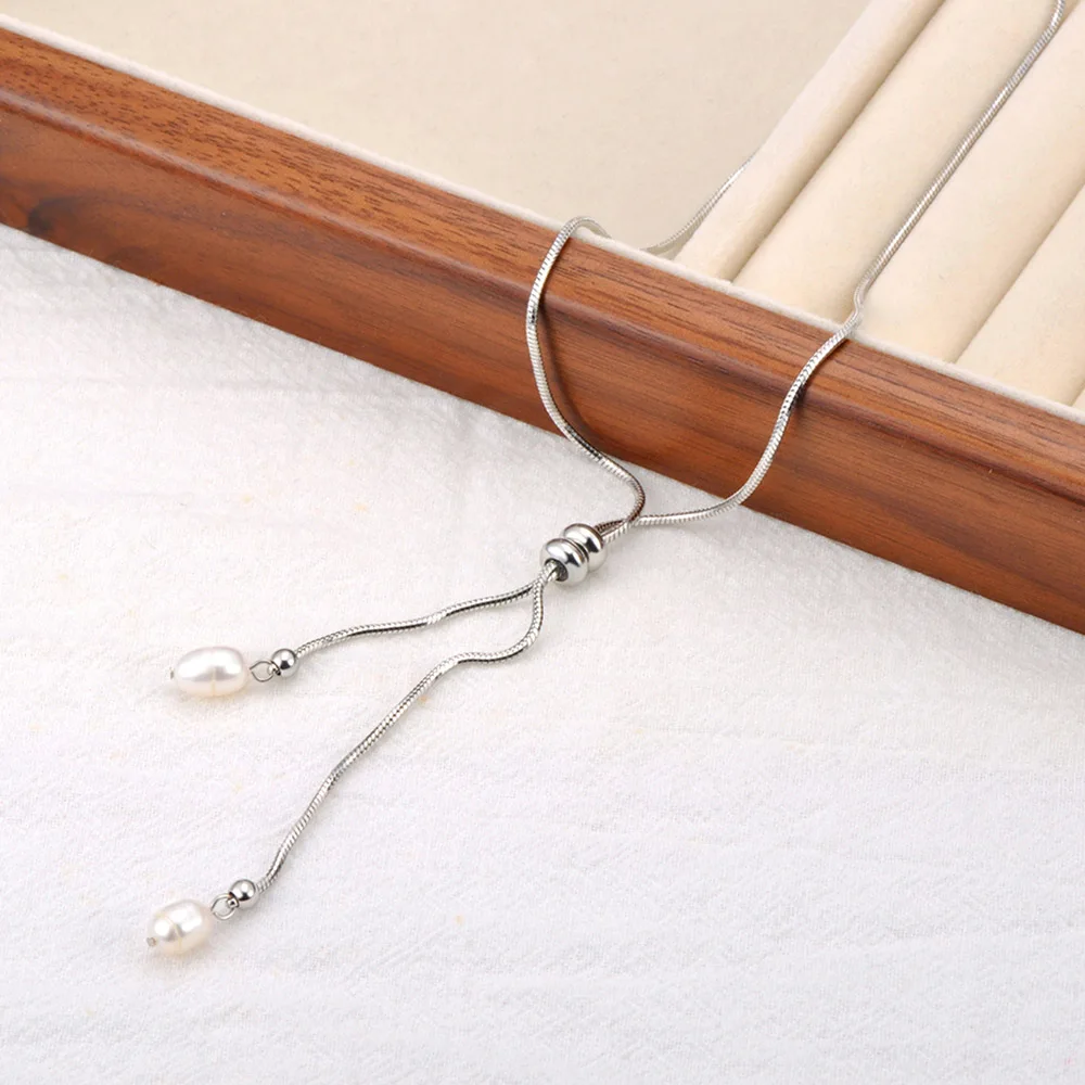 JeeMango Natural Freshwater Pearl Pendant Necklace for Women Exquisite Stainless Steel Sweet Jewelry Mother Sister Gift JN24060