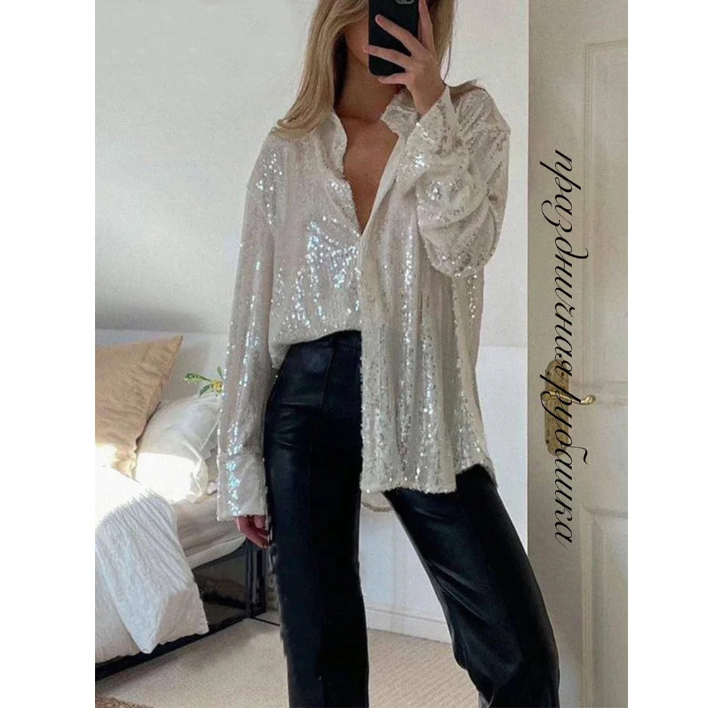New Spring Women's Shirts Fashion Shiny Sigle Breasted Button Long Sleeve Shirt Female Party Turn Down Collar Streetwear Shirts