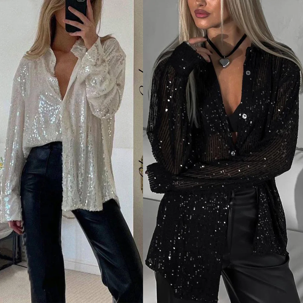 New Spring Women's Shirts Fashion Shiny Sigle Breasted Button Long Sleeve Shirt Female Party Turn Down Collar Streetwear Shirts