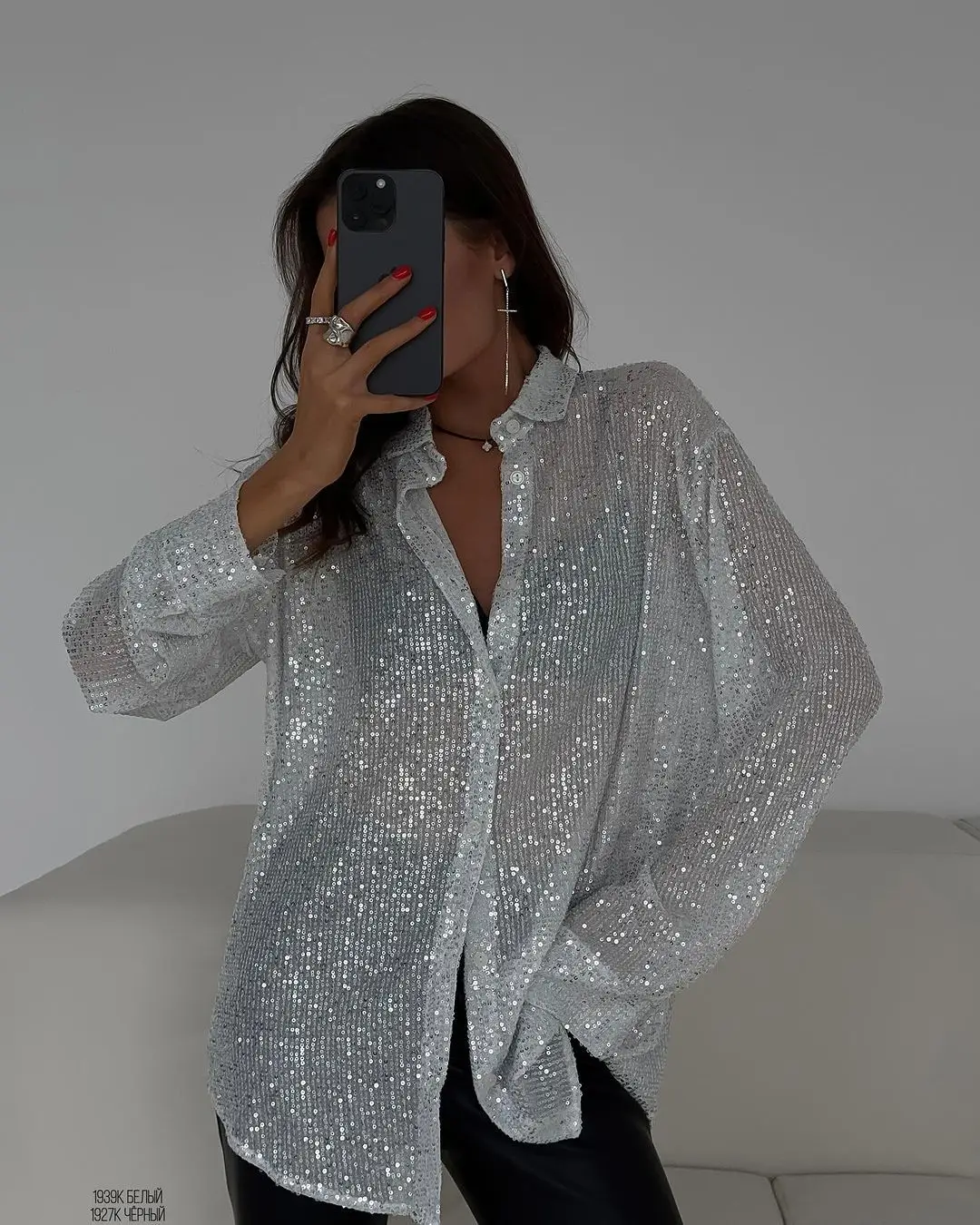 New Spring Women's Shirts Fashion Shiny Sigle Breasted Button Long Sleeve Shirt Female Party Turn Down Collar Streetwear Shirts