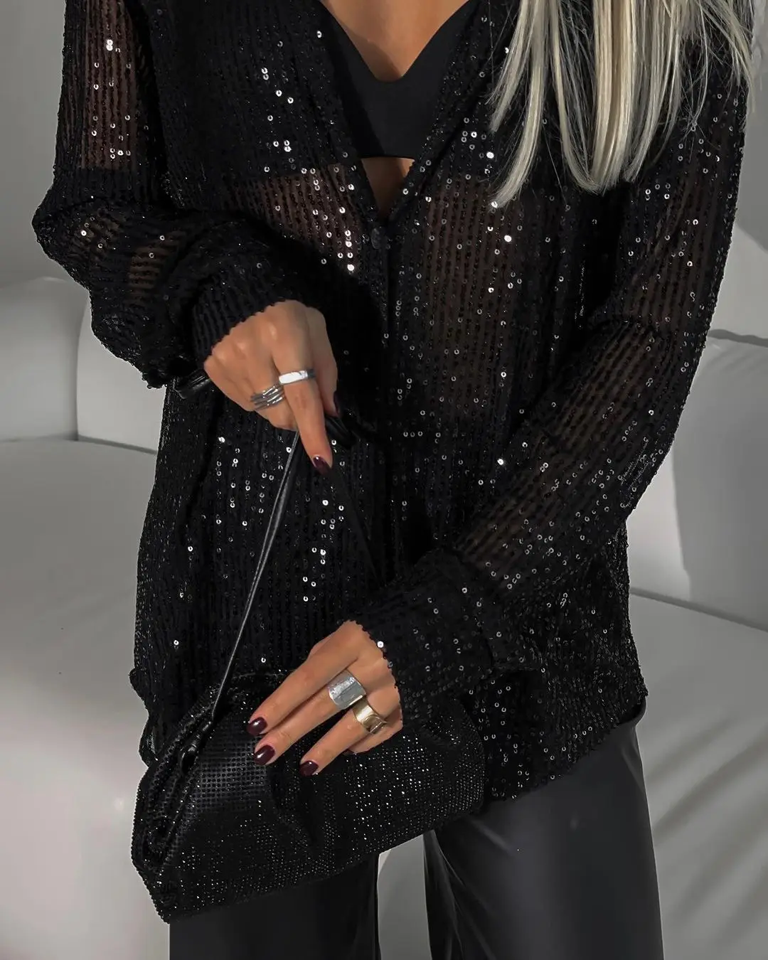 New Spring Women's Shirts Fashion Shiny Sigle Breasted Button Long Sleeve Shirt Female Party Turn Down Collar Streetwear Shirts