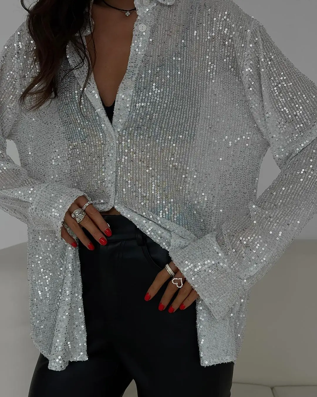 New Spring Women's Shirts Fashion Shiny Sigle Breasted Button Long Sleeve Shirt Female Party Turn Down Collar Streetwear Shirts