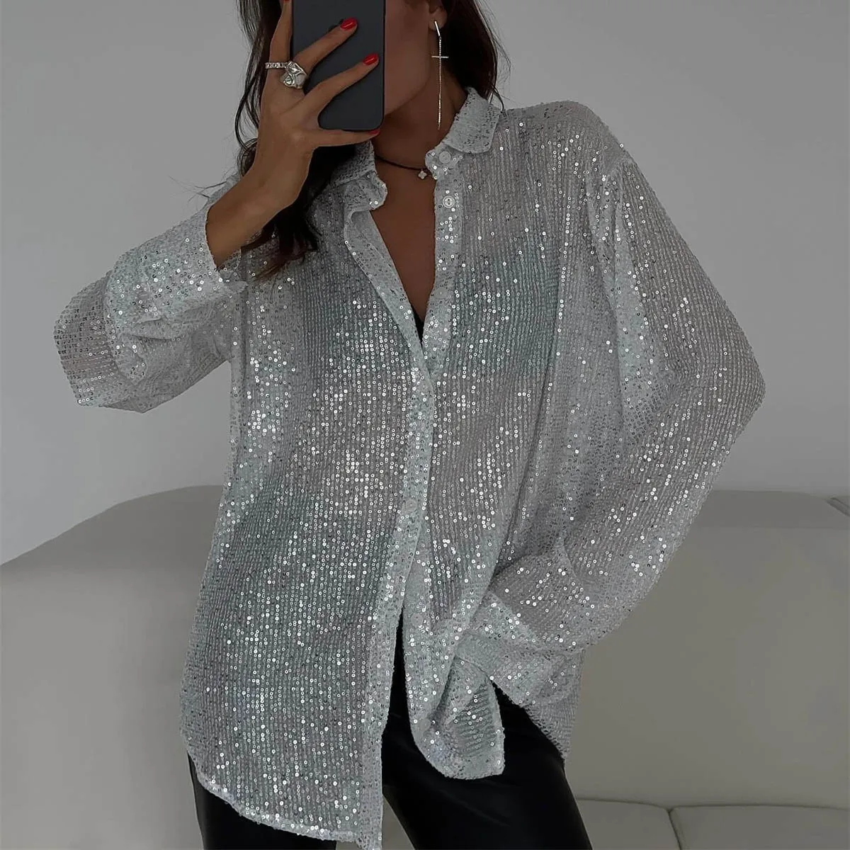 New Spring Women's Shirts Fashion Shiny Sigle Breasted Button Long Sleeve Shirt Female Party Turn Down Collar Streetwear Shirts