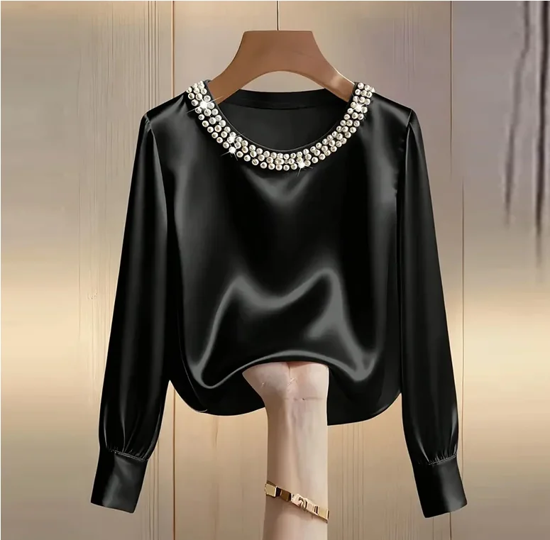 Elegant Satin Shirt Women Spring Autumn Bead Design Long Sleeve Silk Blouse Women Fashion O Neck Loose Pullover Tops