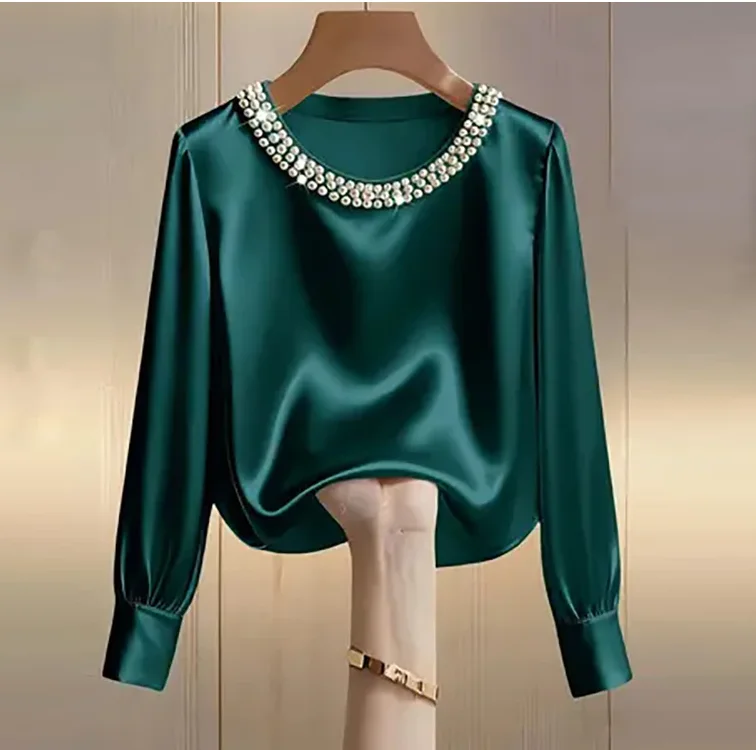 Elegant Satin Shirt Women Spring Autumn Bead Design Long Sleeve Silk Blouse Women Fashion O Neck Loose Pullover Tops