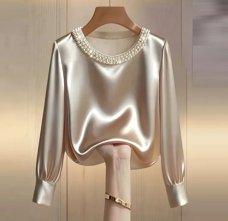 Elegant Satin Shirt Women Spring Autumn Bead Design Long Sleeve Silk Blouse Women Fashion O Neck Loose Pullover Tops