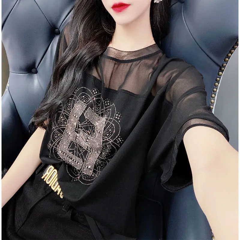 Fashion Geometric Diamonds Shirt Casual Gauze Spliced 2025 Summer Round Neck All-match Female Clothing Loose Short Sleeve Blouse