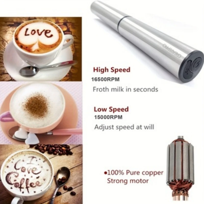 Rechargeable Stainless Steel Milk Frother 2 Speeds for Latte Cappuccino Espresso Home And Barista Use