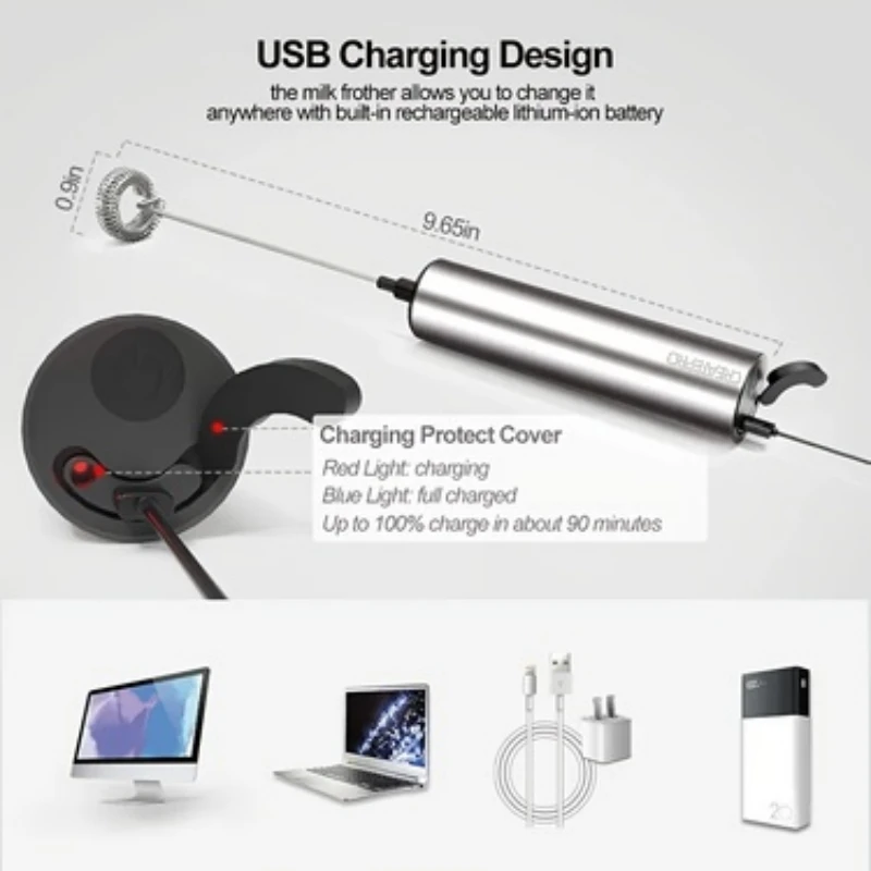 Rechargeable Stainless Steel Milk Frother 2 Speeds for Latte Cappuccino Espresso Home And Barista Use