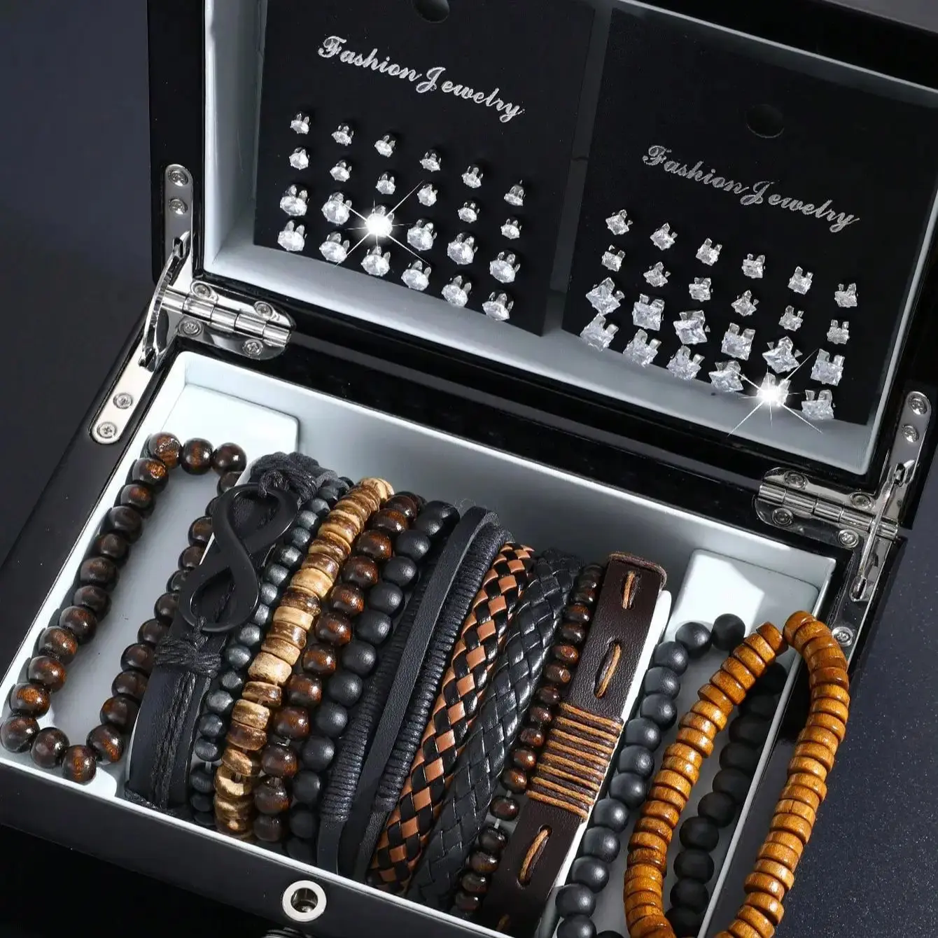 61 pcs of retro casual men's earrings+bead bracelet set for men's daily wear, gifts for boyfriends and friends during holidays