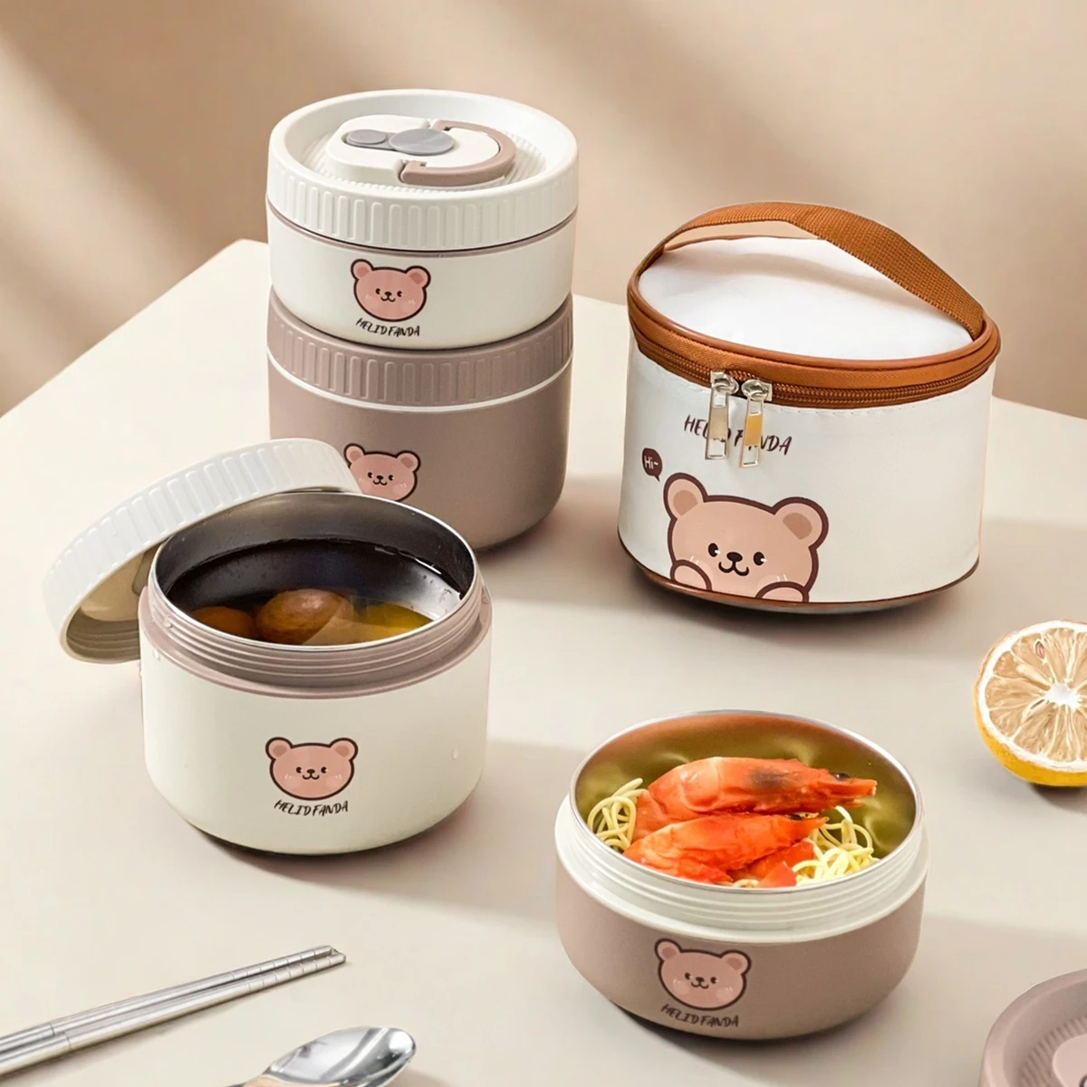 WORTHBUY Portable Cute Bear 304 Stainless Steel Insulated Bento Lunch Box Microwave Sealed Lunch Container For Kids Students