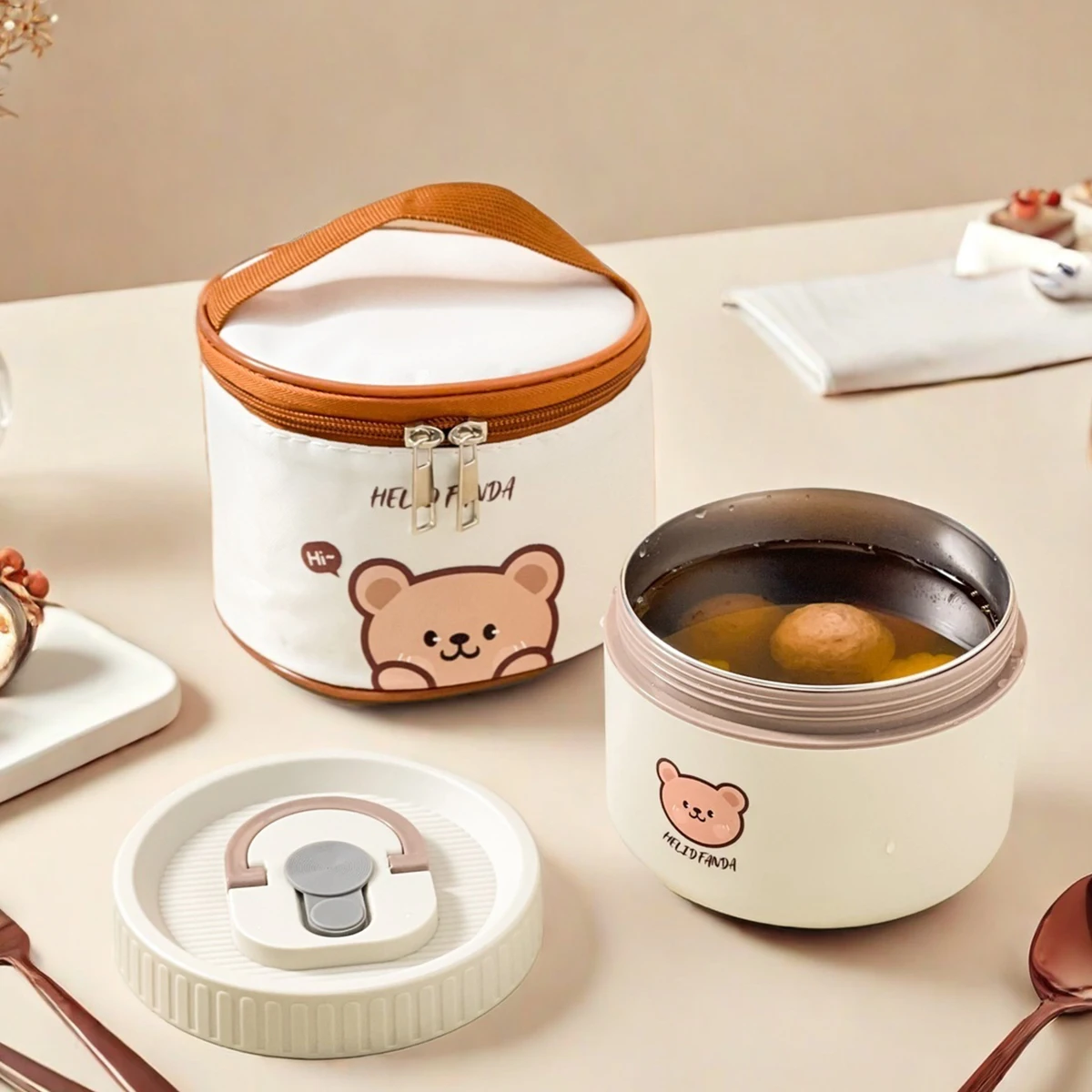 WORTHBUY Portable Cute Bear 304 Stainless Steel Insulated Bento Lunch Box Microwave Sealed Lunch Container For Kids Students