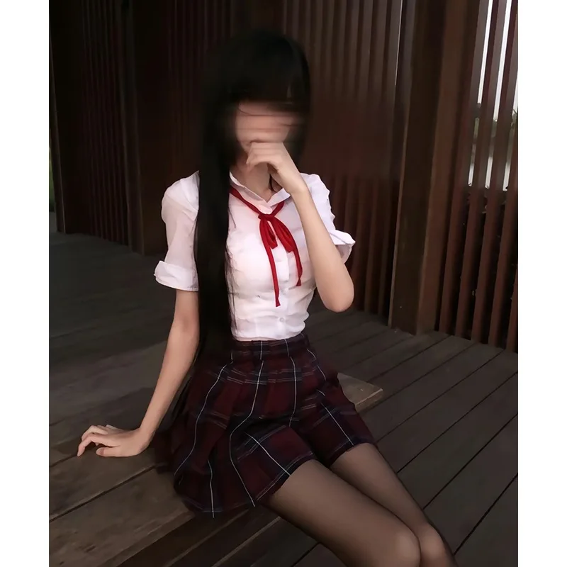 Cosplay School Uniform for Girls Japanese Students JK Uniform Short-sleeved shirt, Red Checked Skirts