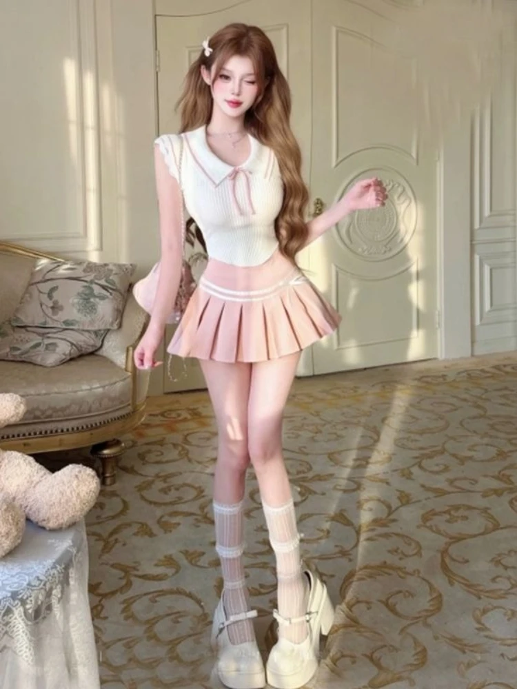 Summer Korean Preppy Style Sweet 2 Piece Set for Women Pure Desire Spicy Girl High Waist Design Mini Skirt Suit Woman Outfits
