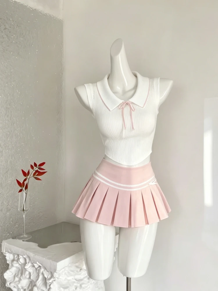 Summer Korean Preppy Style Sweet 2 Piece Set for Women Pure Desire Spicy Girl High Waist Design Mini Skirt Suit Woman Outfits