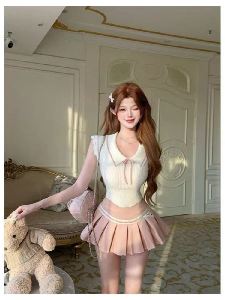 Summer Korean Preppy Style Sweet 2 Piece Set for Women Pure Desire Spicy Girl High Waist Design Mini Skirt Suit Woman Outfits