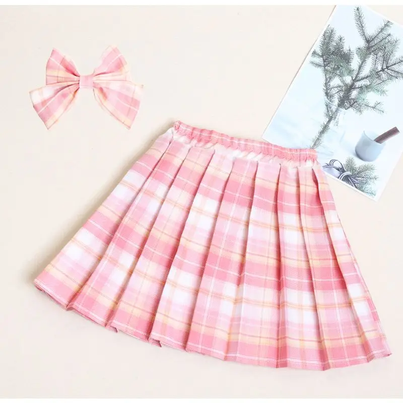 Teen Girls Checkered Skirt Children College Style Clothing Spring Summer Kid Fashion JK Striped Pleated Skirt+Bow Tie 3-12 Years