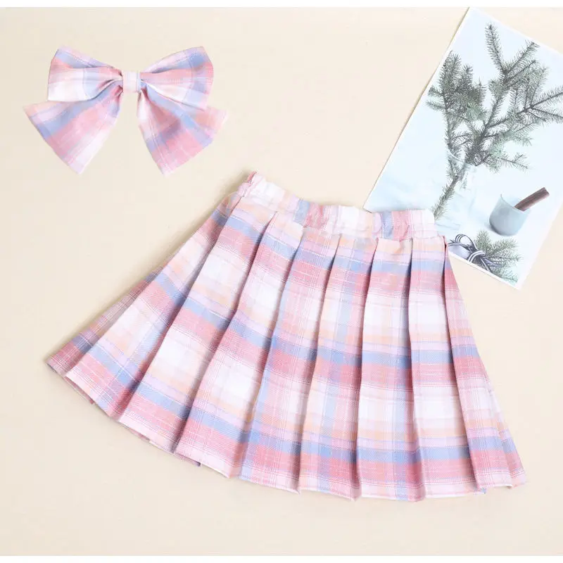 Teen Girls Checkered Skirt Children College Style Clothing Spring Summer Kid Fashion JK Striped Pleated Skirt+Bow Tie 3-12 Years