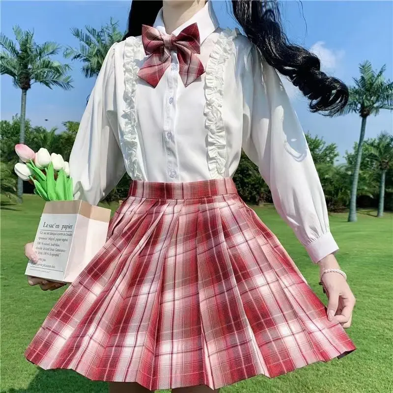 Teen Girls Checkered Skirt Children College Style Clothing Spring Summer Kid Fashion JK Striped Pleated Skirt+Bow Tie 3-12 Years