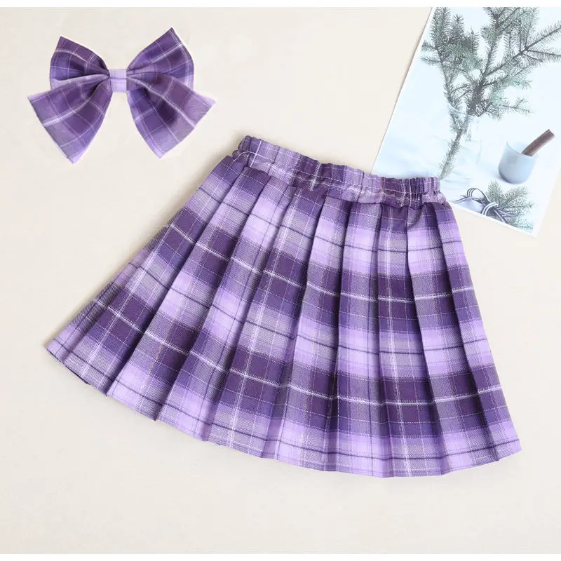 Teen Girls Checkered Skirt Children College Style Clothing Spring Summer Kid Fashion JK Striped Pleated Skirt+Bow Tie 3-12 Years