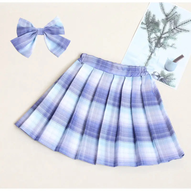 Teen Girls Checkered Skirt Children College Style Clothing Spring Summer Kid Fashion JK Striped Pleated Skirt+Bow Tie 3-12 Years