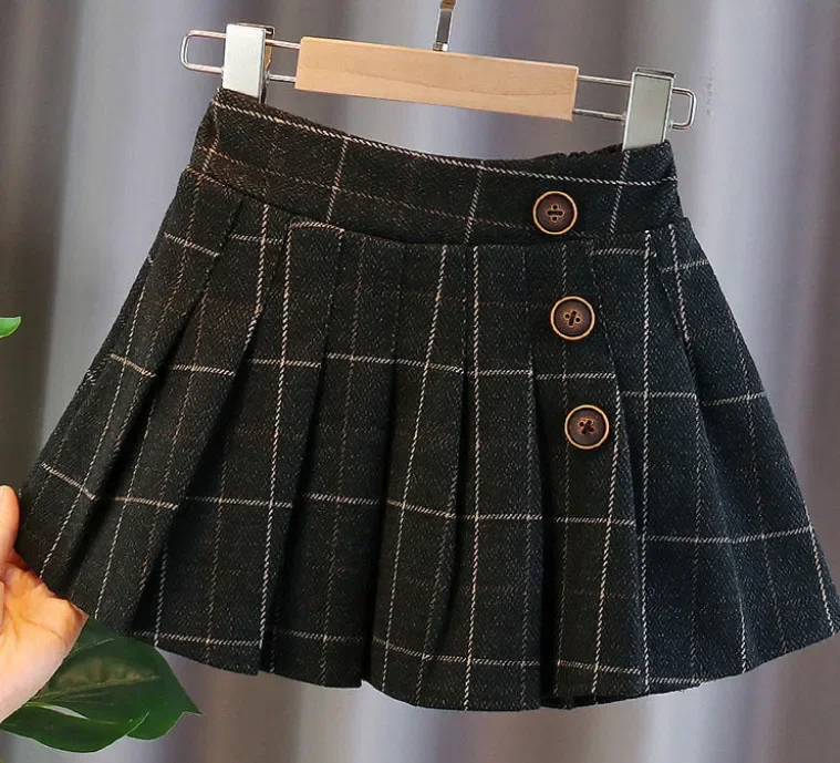 Kids Girls Pleated Skirts Woolen Plaid Skirts 2024 New Arrival Children Princess Coffee Black Skirts School Wear Clothes 3-16Y