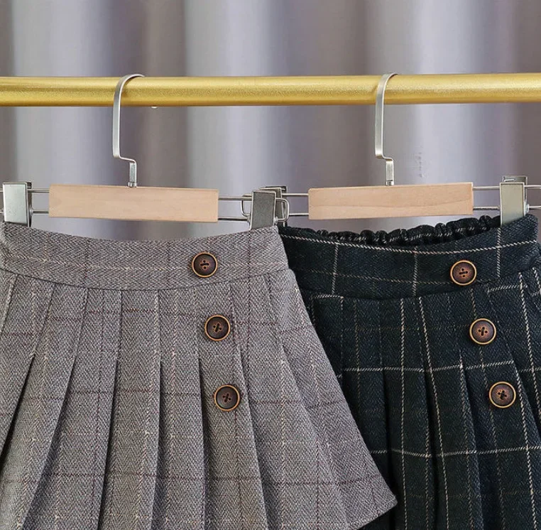 Kids Girls Pleated Skirts Woolen Plaid Skirts 2024 New Arrival Children Princess Coffee Black Skirts School Wear Clothes 3-16Y