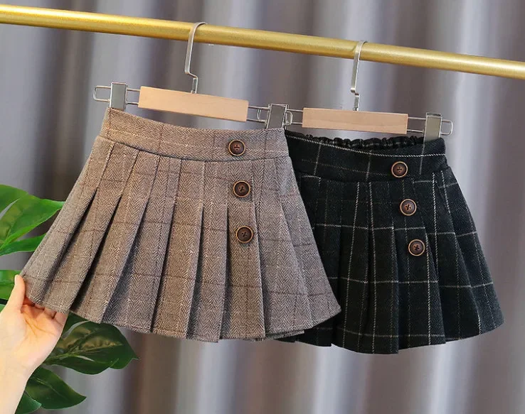 Kids Girls Pleated Skirts Woolen Plaid Skirts 2024 New Arrival Children Princess Coffee Black Skirts School Wear Clothes 3-16Y
