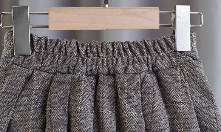 Kids Girls Pleated Skirts Woolen Plaid Skirts 2024 New Arrival Children Princess Coffee Black Skirts School Wear Clothes 3-16Y