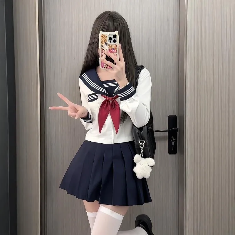 Preppy Style JK Uniform Set White Three Stripes Design Navy Blue Skirt Japanese School Inspired Basic Campus Outfit For Girls