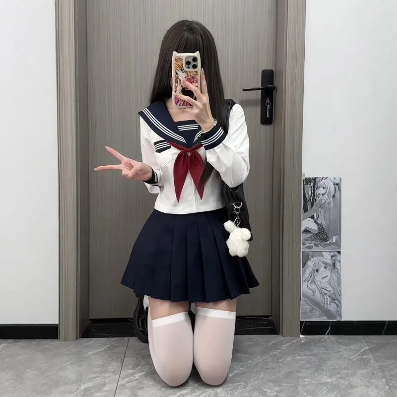 Preppy Style JK Uniform Set White Three Stripes Design Navy Blue Skirt Japanese School Inspired Basic Campus Outfit For Girls