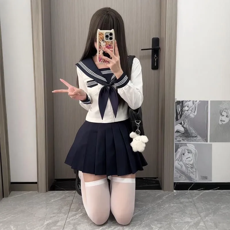 Preppy Style JK Uniform Set White Three Stripes Design Navy Blue Skirt Japanese School Inspired Basic Campus Outfit For Girls