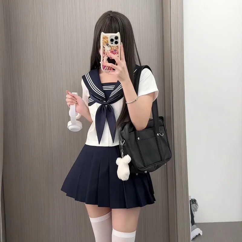 Preppy Style JK Uniform Set White Three Stripes Design Navy Blue Skirt Japanese School Inspired Basic Campus Outfit For Girls